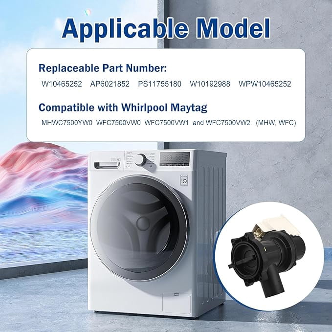 Aniceparthy W10465252 Washer Drain Pump Compatible with Whirlpool Maytag MHWC7500YW0 WFC7500VW0 WFC7500VW1, Replace WPW10465252, AP6021852, PS11755180, W10192988