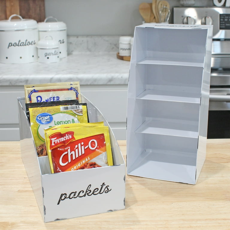 AuldHome Farmhouse Food Packet Organizers 2 Pack White Pantry Organization Divided Compartment Bins for Food Mixes and Spice Packets