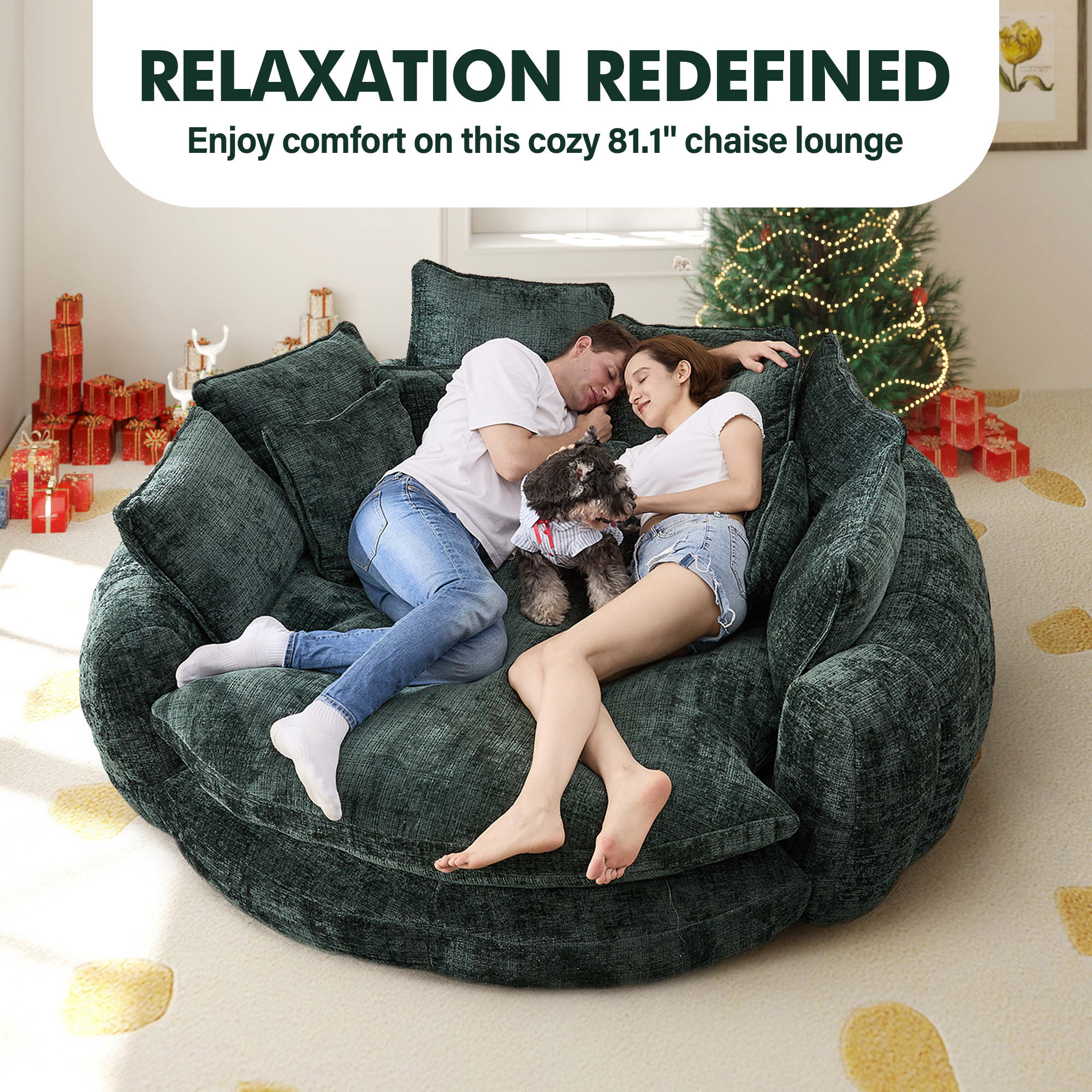 Aukfa 81" Oversized Round Chaise Lounge Sofa Bed, Modern Chenille Cloud Couch with Deep Seat, 14 Pillows, Assemble-Free, Emerald