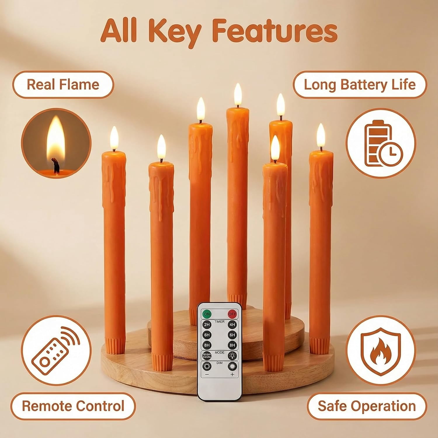 SQHQ Burnt Orange Flameless Taper Candles with Remote, Flickering Dripping Wax LED Candlesticks Battery Operated Set of 6