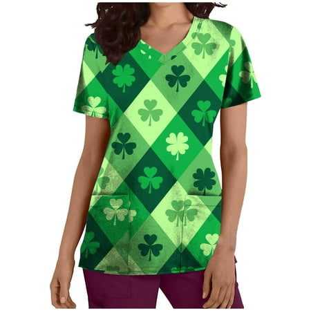

SMihono Save Big St. Patrick s Day Graphic Lucky Clover Print Tunic Scrub Tops for Women Fashion Ladies Working Uniform Short Sleeve Pocket Slim Fit Casual Sexy V Neck Female Leisure Green 10