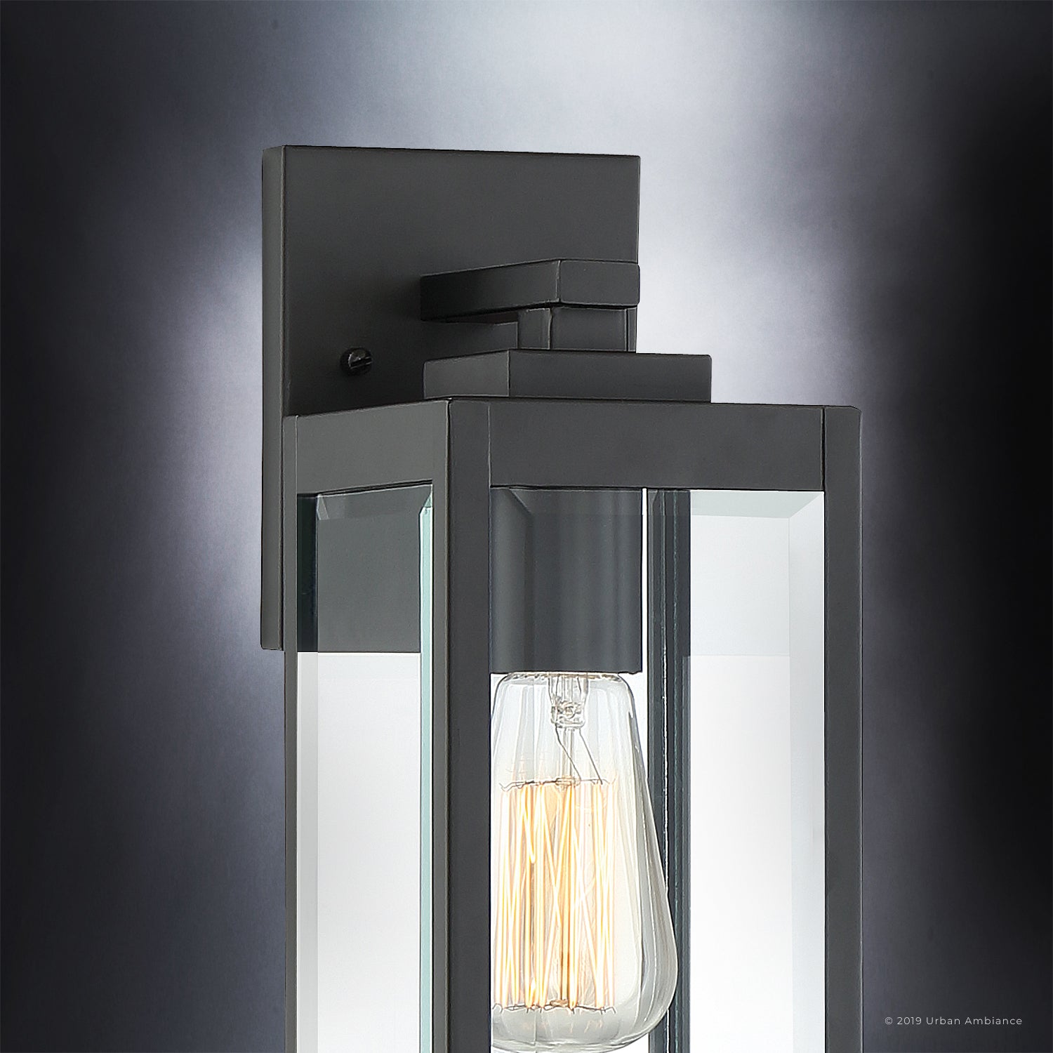 Luxury Modern Farmhouse Outdoor Wall Sconce, 14.25''H x 5.00''W, with Industrial Style Elements, Minimalist Design, Natural Black Finish and Clear Glass Panel With Beveled Edge, UQL1330