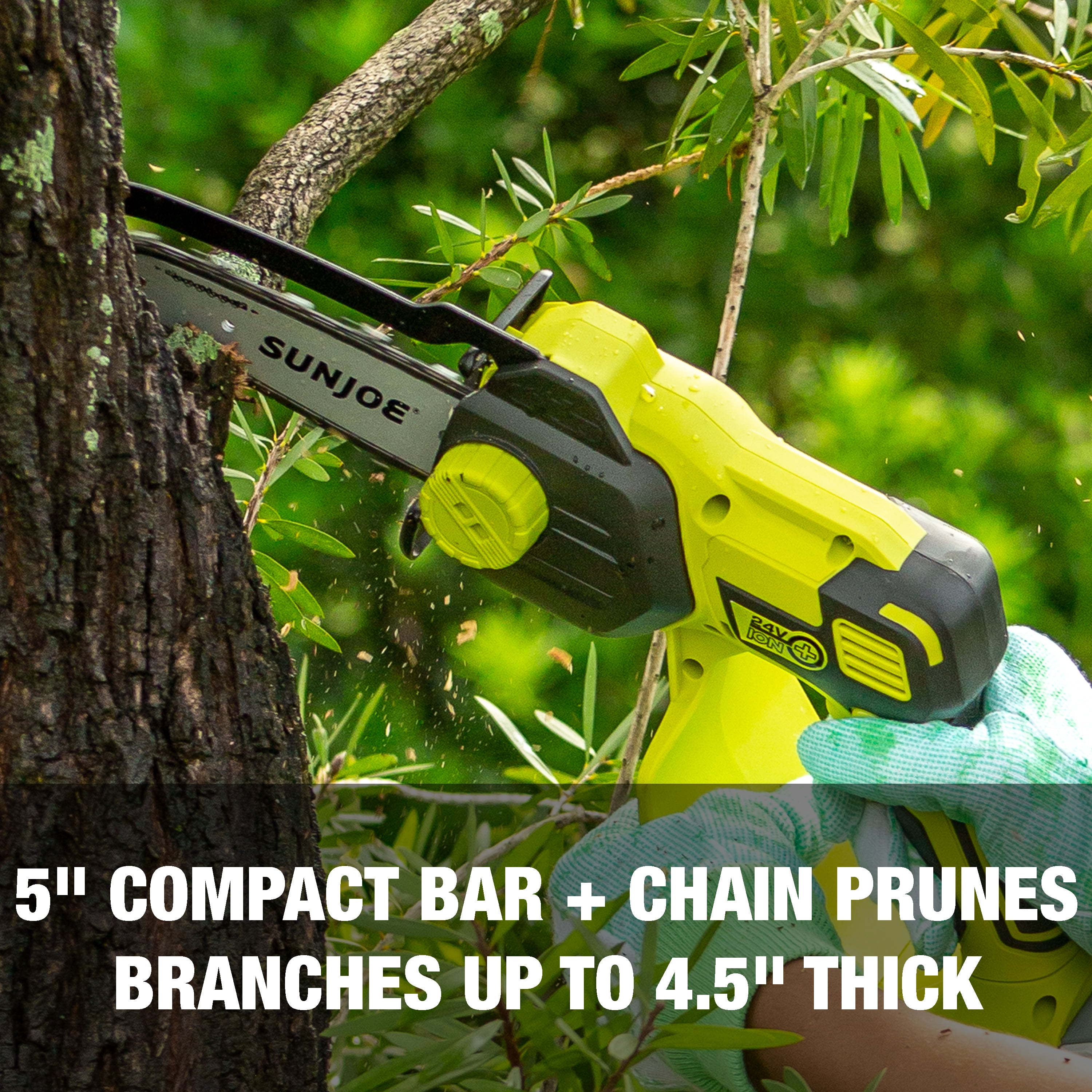 Sun Joe 24V Cordless 5-inch Handheld Pruning Chainsaw, 2.0-Ah Battery & Charger