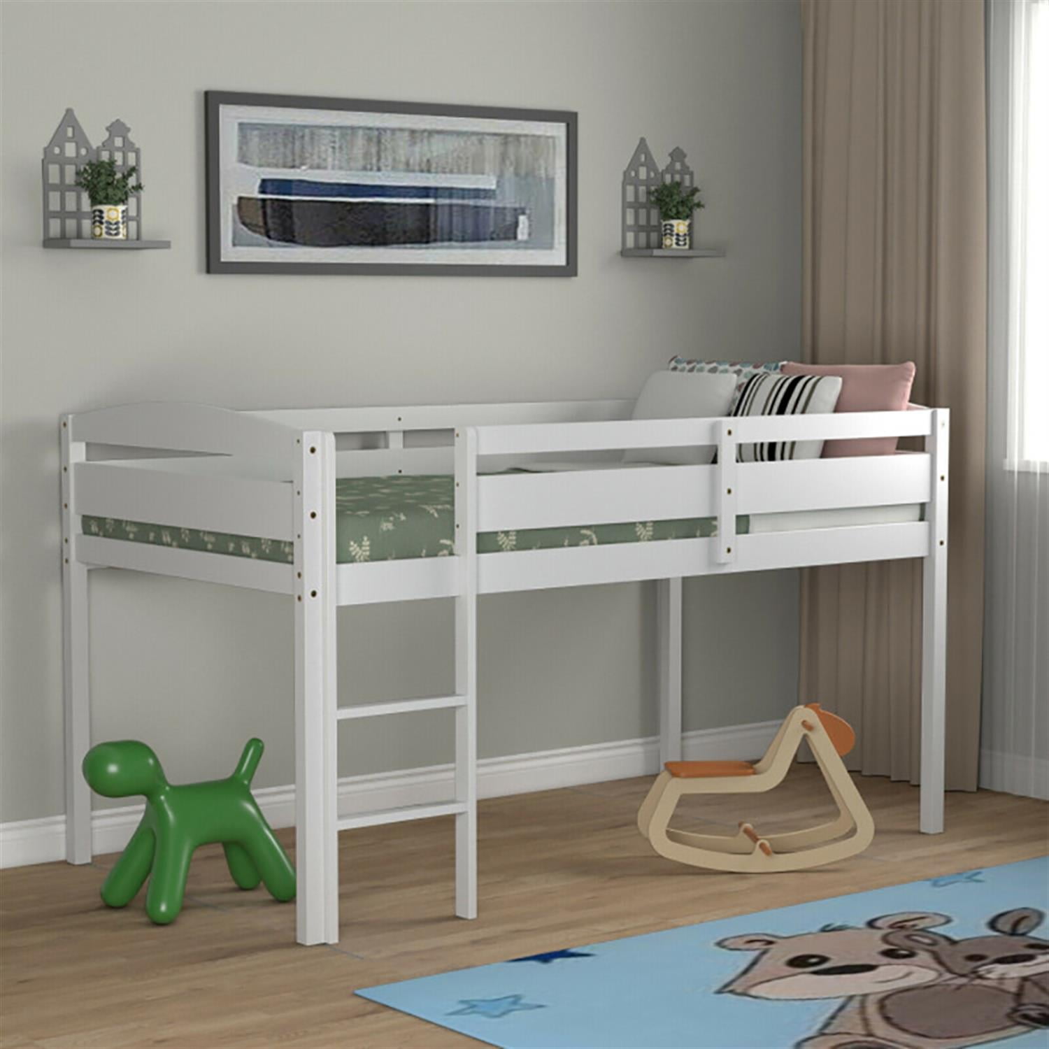 Demi Bonn Loft Bed Twin Size, Solid Wood Low Loft Bed with Guard Rail and Ladder, Modern Wooden Loft Bunk Bed Frame, White