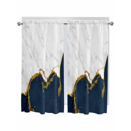 Navy Blue Gold Marble Kitchen Curtains 72 Inch Length Modern Abstract Marble Crack Texture Rod Pocket Light Filtering Window Curtains Living Room Bedroom Curtain Drapes Cafe Curtain 52 x72 x2
