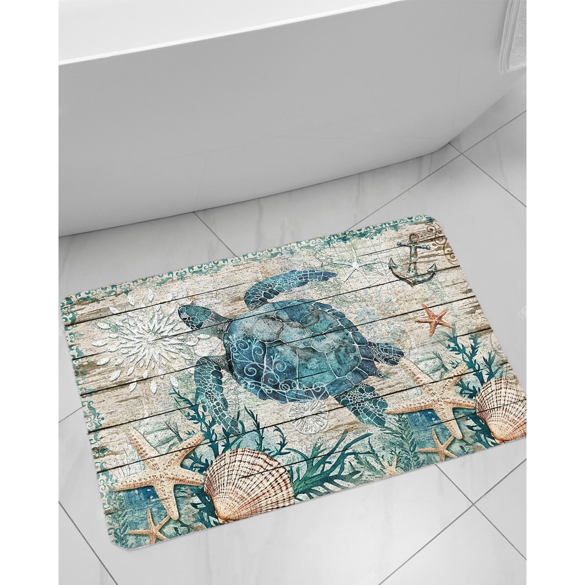 Ocean Turtle Non-Slip Bathtub Mat, Retro Coral Starfish Anchor Coastal Wood PVC Bath Mat for Tub Quick Drying Shower Mats for Inside Shower, Foot Scrubber Loofah Bathroom Mats 32x24 Inches