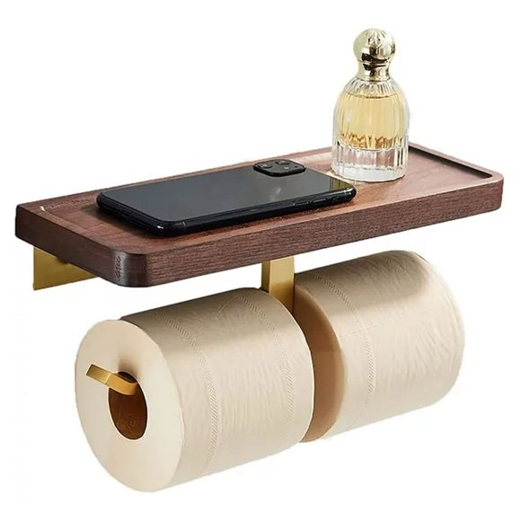 Double Toilet Paper Holder with Shelf, Toilet Paper Holder with Rustic Wood Storage Shelf No Drilling or Screws Wall Mounted, Double Toilet Roll Holder for Bathroom