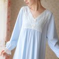thumbnail image 5 of Defitshape Women's Cotton Pajama Dress Ladies Long Sleeve Victorian Nightgown Soft Vintage V Neck Frill Sleep Shirt Lace Patchwork Sleepwear Knee Length Midi Lounge Sleeping Nighty Blue Large, 5 of 5