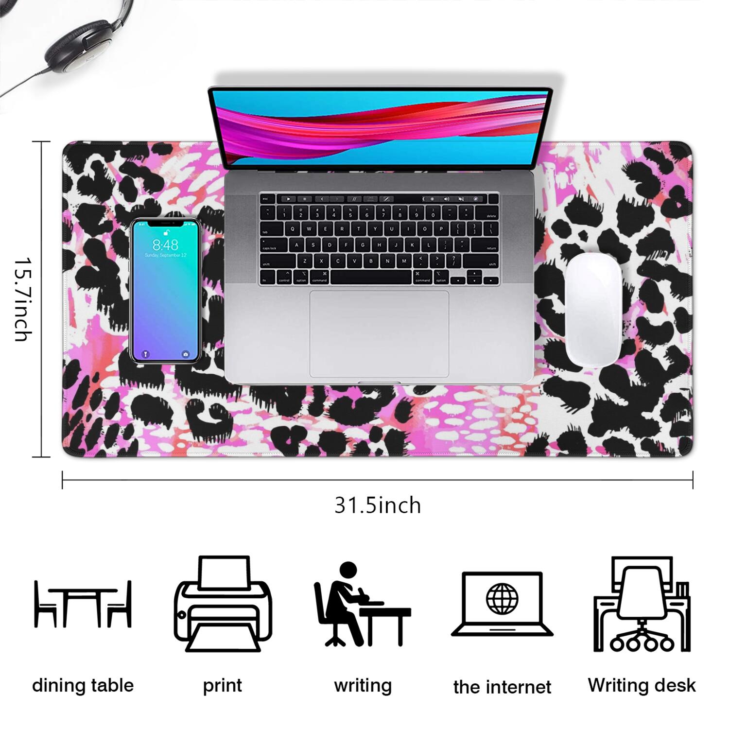 Long Mouse Pads for Desk,Pink Leopard Pattern Desk Mats on Top Of Desks, Desk Mouse Pad Extra Large with 3mm Non-Slip Base and Stitched Edge for Gaming,Office,Work,Home 31.5"x15.7"