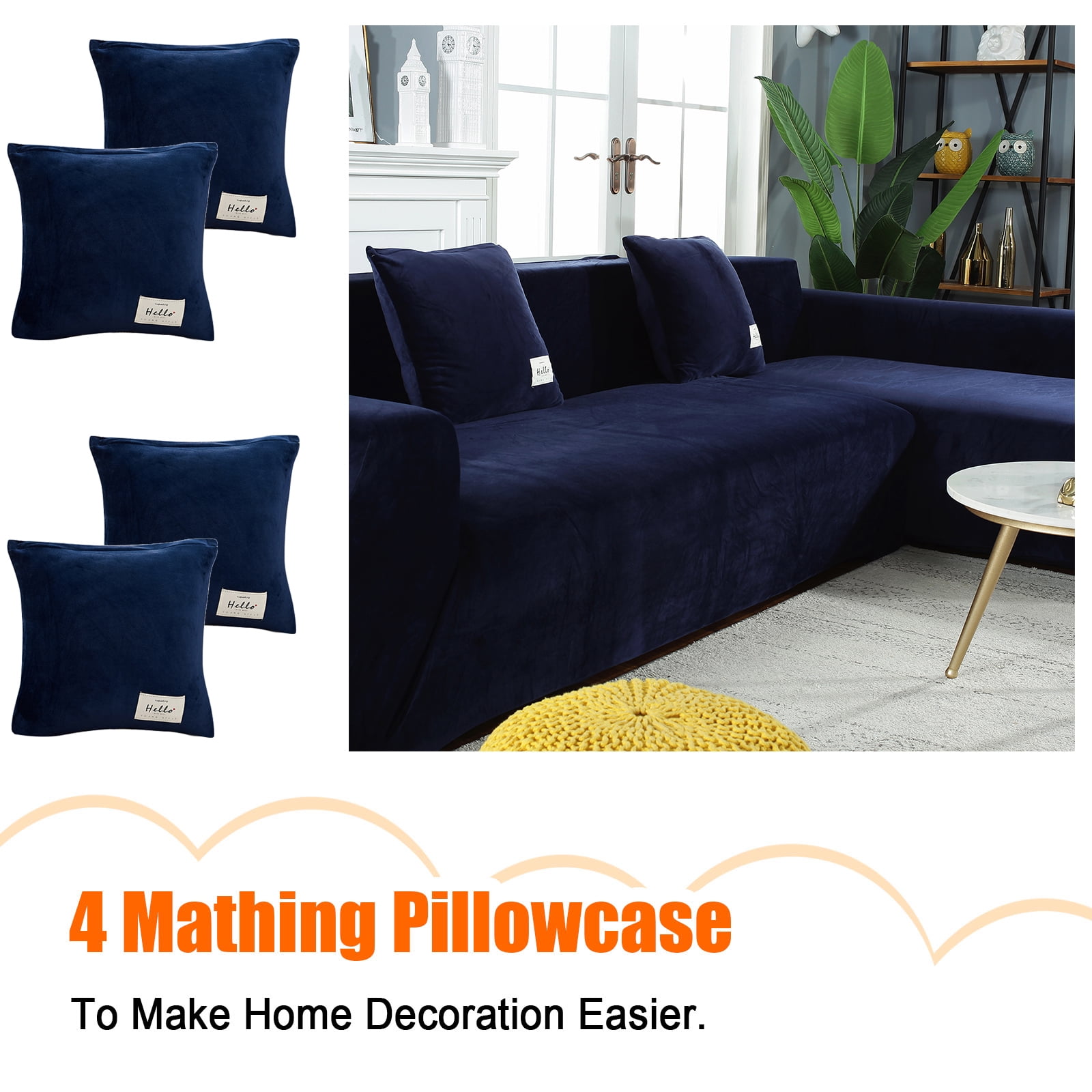 CJC Sectional Couch Covers, Velvet Stretch L Shape Sofa Covers, 2pcs Sofa Slipcovers for 3 + 4 Seaters Sectional Chaise Slipcover for Pets Kids, Navy Blue