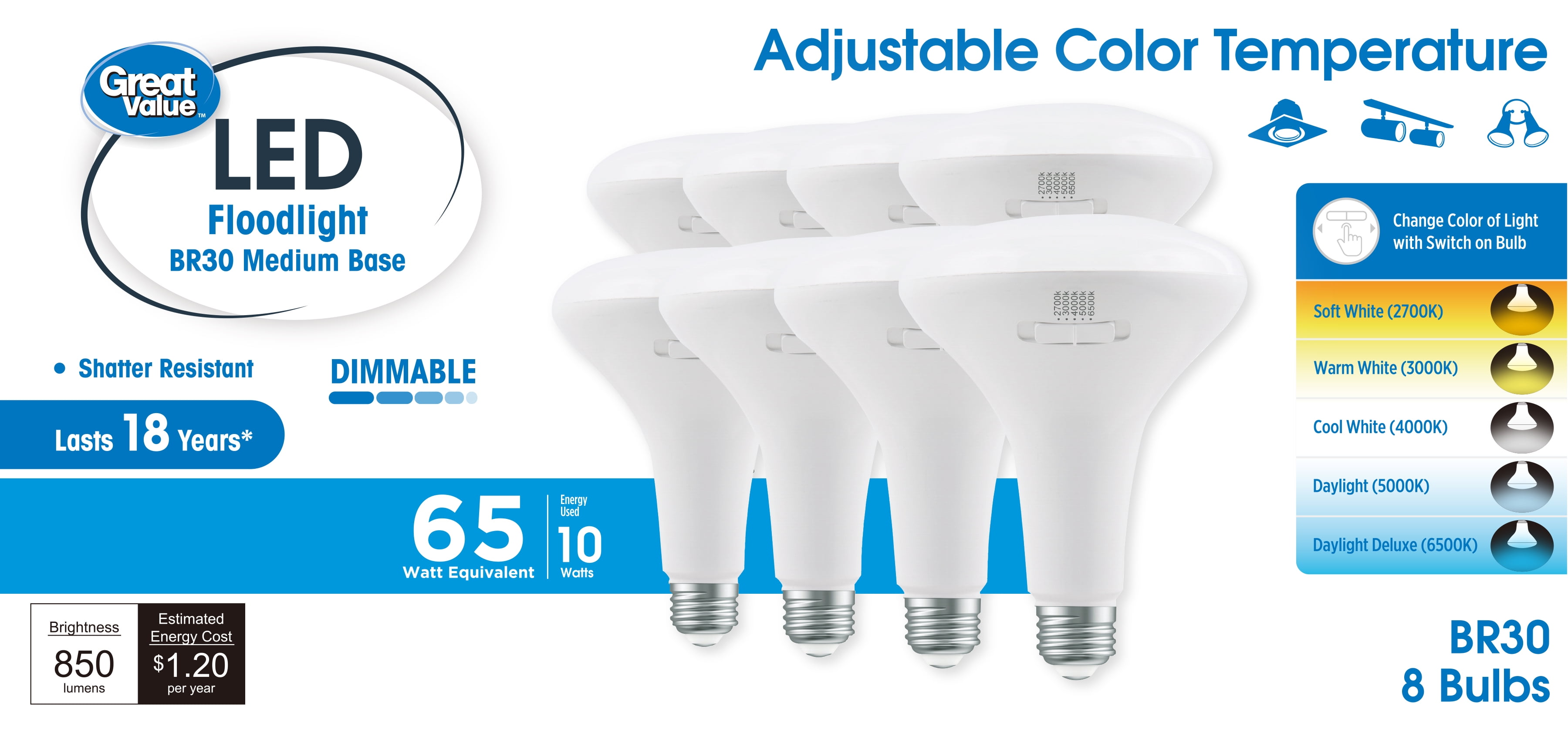 4-pack BR30 LED Bulb, 15 W (100 W equivalente), 1350LM, K (bianco morbido Glow), angolo di diffusione: 120 °, medium base E26, dimmerabile, omologato UL e approvato Energy Star