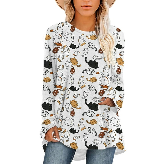 CLOOCL Women Oversized Blouse Animal Cartoon Cat Graphics Print Loose Long Sleeve Casual Plus Size Tops