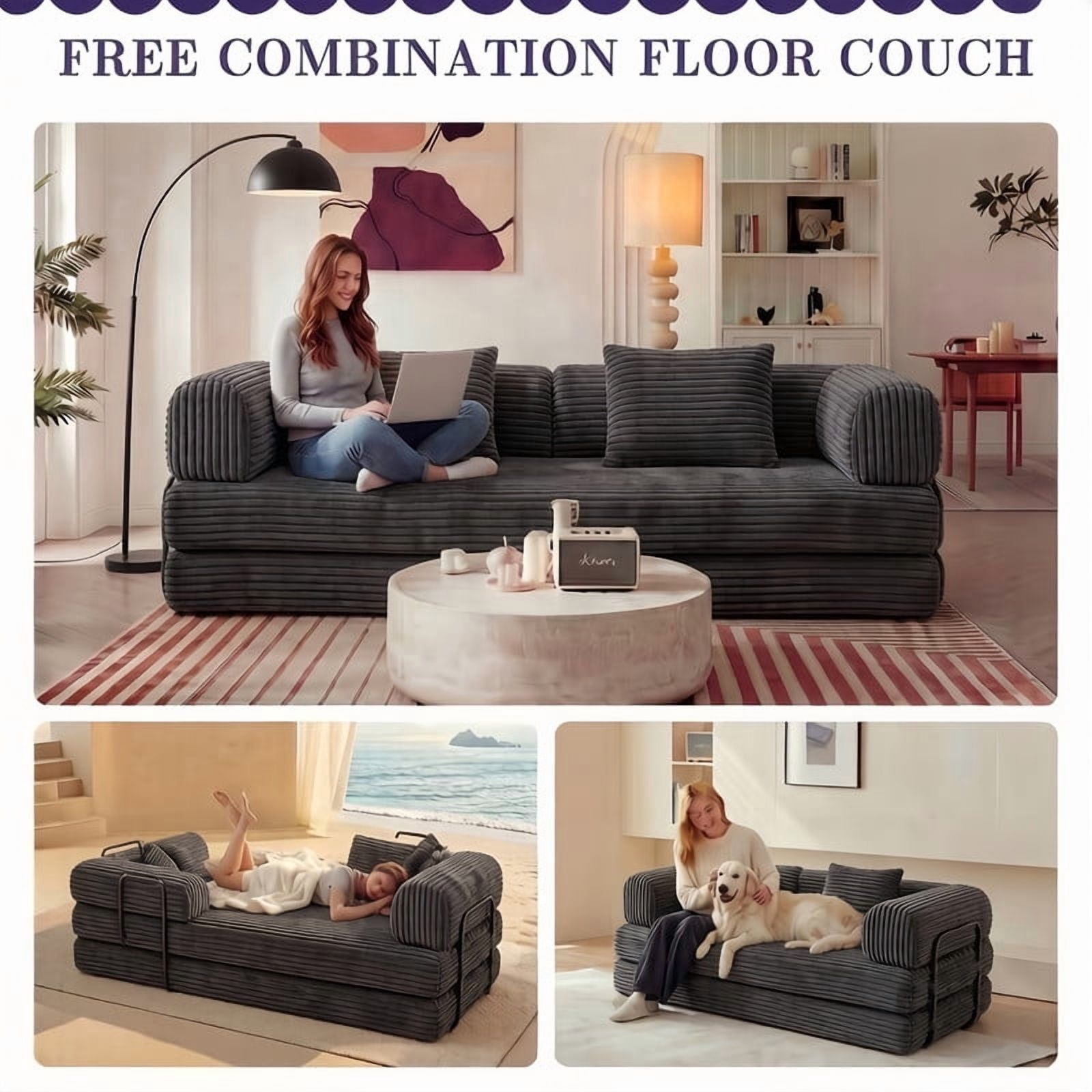 Compression Folding Boneless Sofa, Convertible Floor Sleeper Sofa, Futon Couch Bed, Modular Foam Frame Loveseat