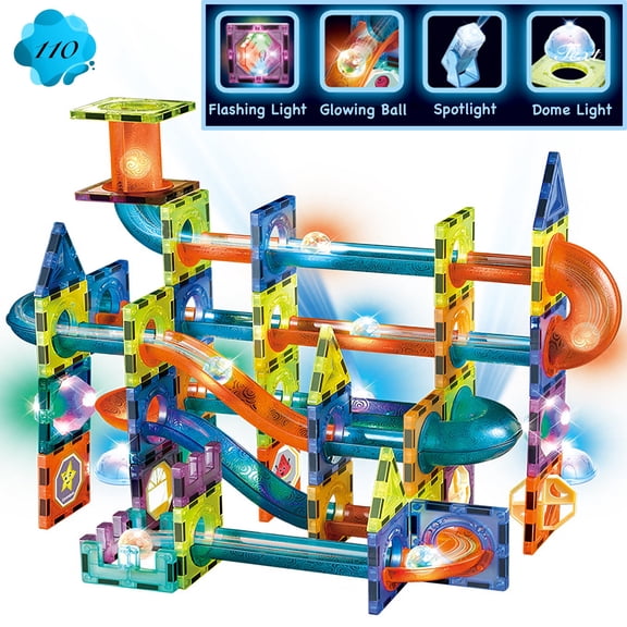 Glowing Magnetic Tiles Building Blocks Marble Run Race Track Set - 110 Complete Pieces Glow in the Dark STEM Light Magnetic Building Blocks and Gravity Maze Games for Toddlers Kids Magnetic Toys