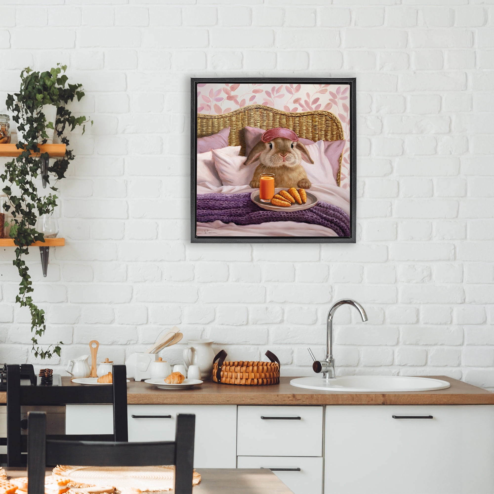 Stupell Industries Hoppy Meal Bunny in Bed Black Framed Floater Canvas Wall Art, design by Lucia Heffernan