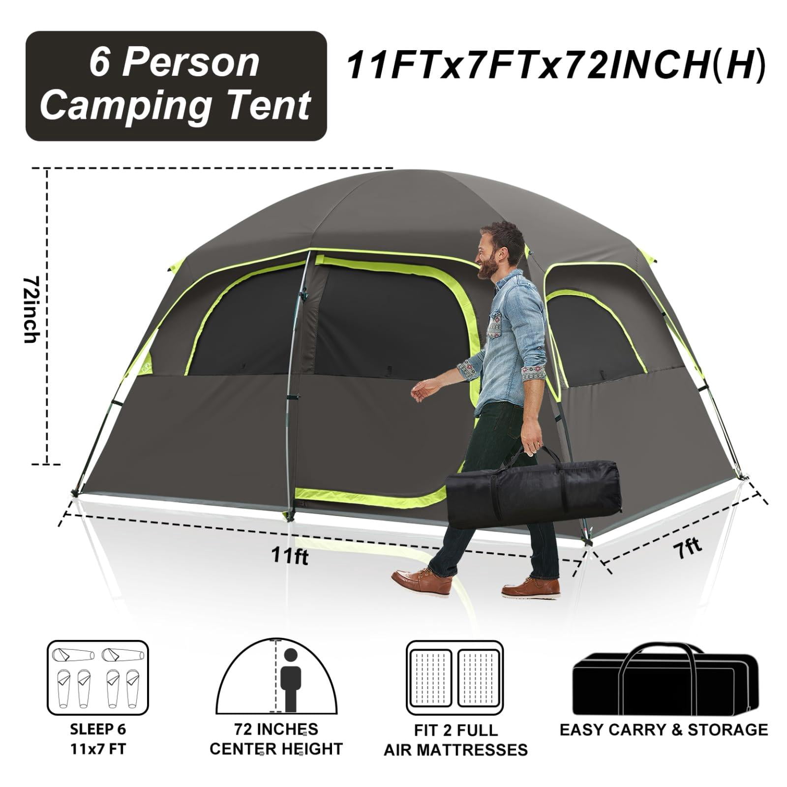 Upgraded 6/8 Person Camping Tents  Waterproof Windproof Family Tent With Larger Mesh Windows & Door Double Layer Easy Set Up All-season Dome Top Rainfly Carry Bag