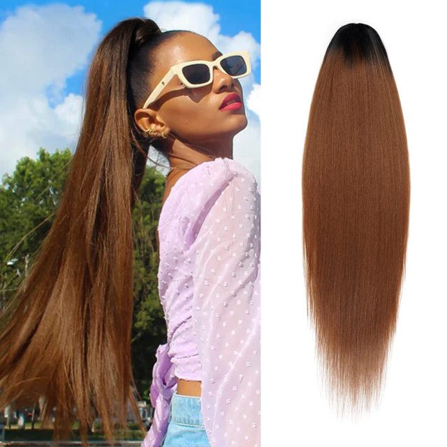 YBQF Ponytail Extension Straight 36 Inch Long Drawstring Ponytail for Black Women Natural Clip in Hair Extension Fake Ponytail Synthetic Hair Piece (36 Inch, OT1B/27/30)