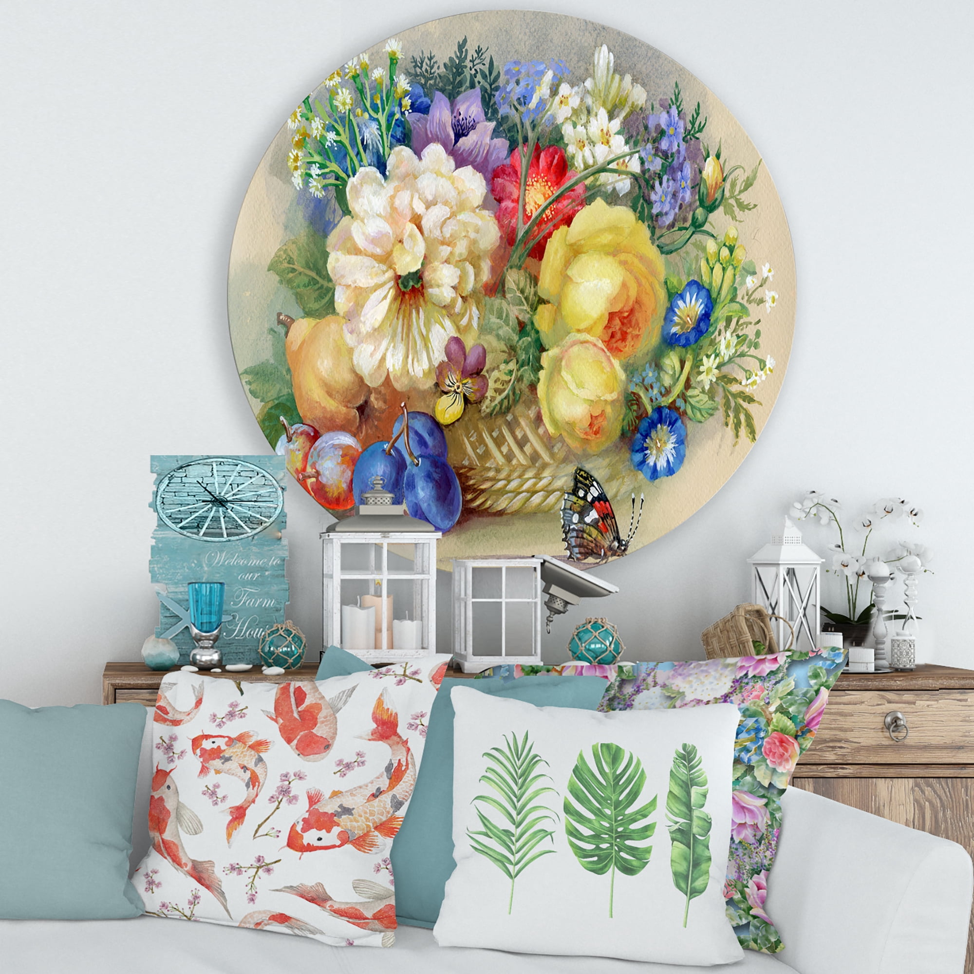 Designart 'Vintage Still Life Of White and Yellow Flowers' Traditional Circle Metal Wall Art 29x29 - Disc of 29