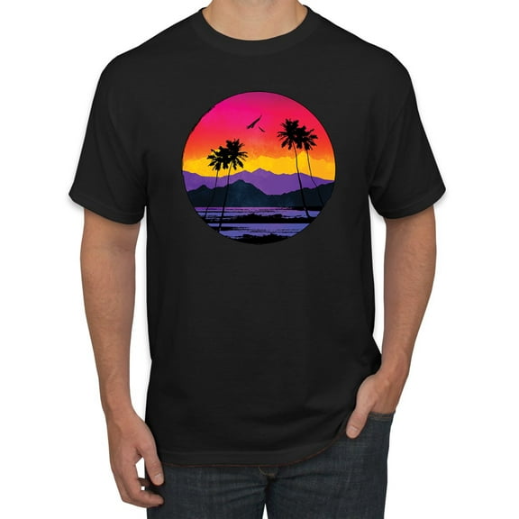 Wild Bobby, Tropical Paradise Beach Sunset, Streetwear, Men Graphic Tees, Black, Small
