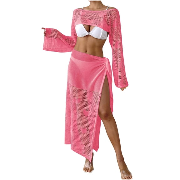 Taqqpue Women's Crochet Beach Coverups 2 Piece Sets, Solid Color Long Sleeve Hollow Out Crop Top Tie Maxi Skirt Summer Vacation Outfits