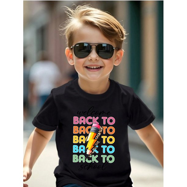 Kids' Back to School Graphic T-Shirt - First Day of School Shirt with Welcome Message, Black with Pink & Yellow Lettering - Regular Fit Round Neck Top for Boys & Girls - Breathable Fabric