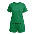 thumbnail image 5 of Women Workout Sets Summer Solid Color Crew Neck Short Sleeve Shirts Drawstring Elastic Shorts with Pockets Sports Sets for Running Biking Dancing, 5 of 5