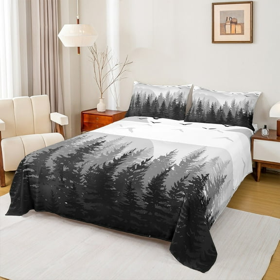 Manfei Tropical Pine Tree Twin Sheet Sets,Natural Plant Twin Fitted Sheet,Black White Gray Flat Sheet For Adults,Luxury Bedroom Decor,3 Pieces
