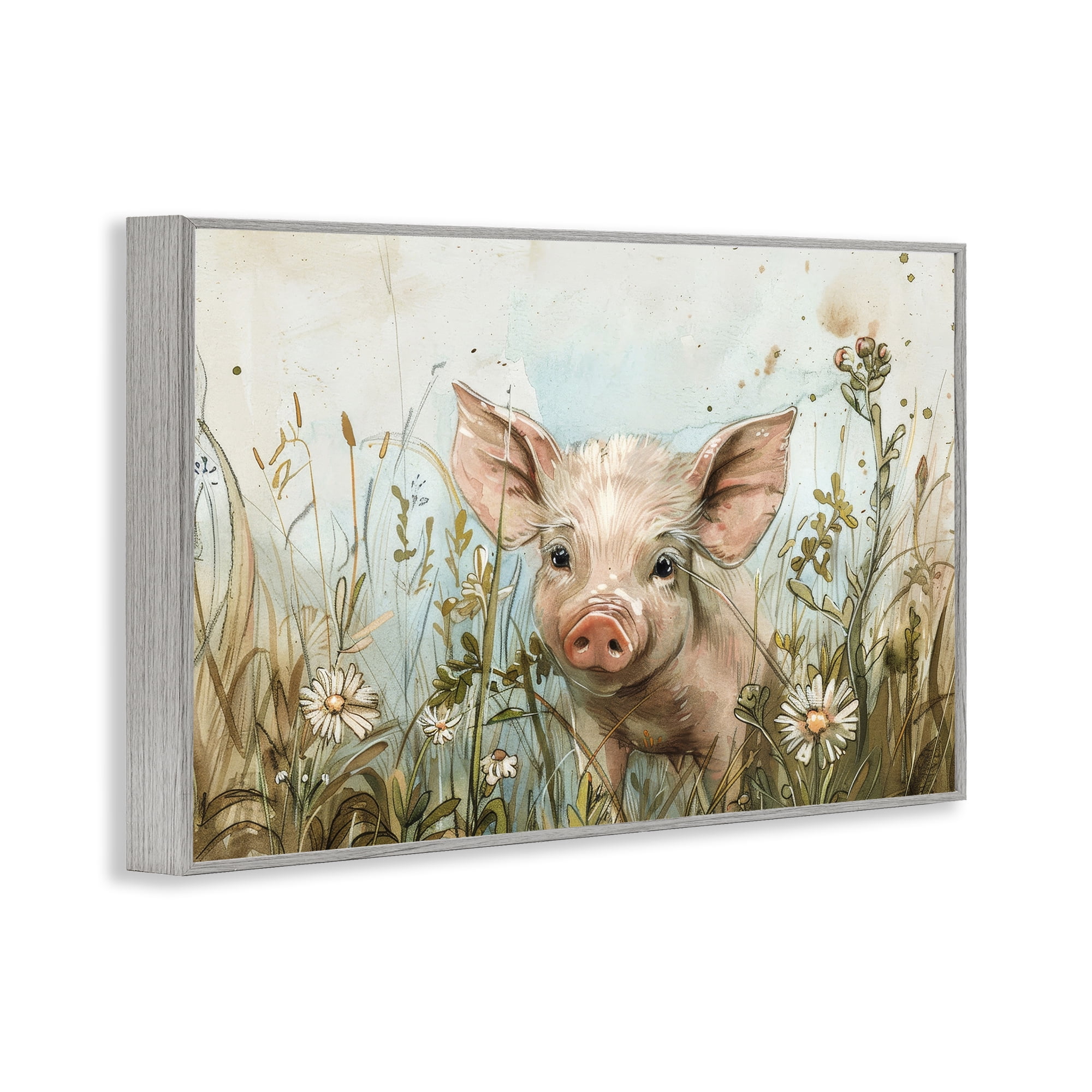 Stupell Industries Piglet Among Flowers Animals & Insects Painting Gray Framed Art Print Wall Art, 24 x 16