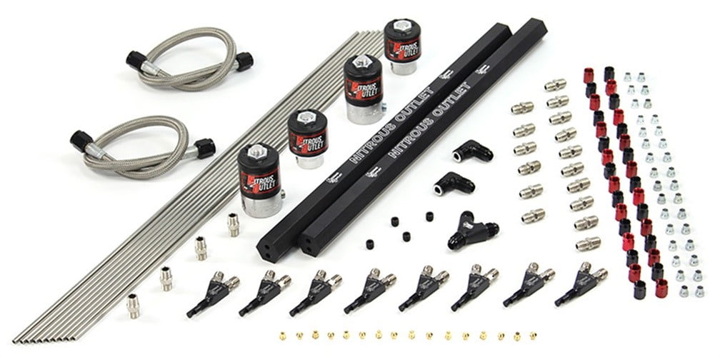 Nitrous Outlet 8 Cylinder 4 Solenoid Conversion Kit With Dual Rails and 90° Nozzle's. (.122