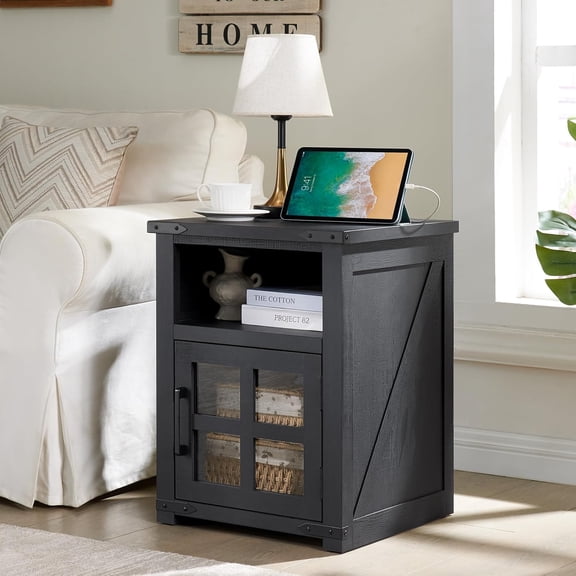 PieDle End Table with Charging Station, Rustic Farmhouse Nightstand with Glass Door and Storage Shelf for Living Room and Bedroom