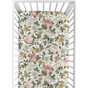 Vintage Floral Boho Girl Fitted Crib Sheet Baby or Toddler Bed Nursery by Sweet Jojo Designs - Blush Pink, Yellow, Green and White Shabby Chic Rose Flower Farmhouse