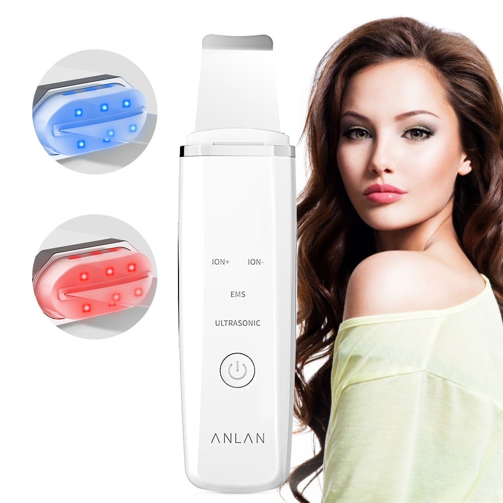 ANLAN Ultrasonic Skin Scrubber Red Blue Light Face Cleaning Shovel PeelingMachine Acne Blackhead Removal,White