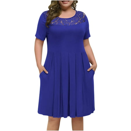 

Summer Dress for Women Plus Size Hide Stomach Dresses Floral Lace Splicing Short Sleeve Maternity Dress with Pockets