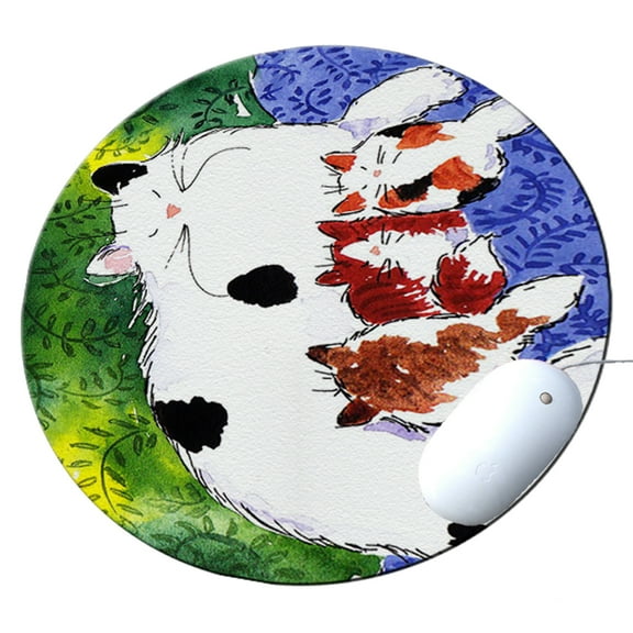 KuzmarK Round Mousepad / Hot Pad / Trivet - Maine Coon Kitty Family Mama and Three Kittens Abstract Cat Art by Denise Every