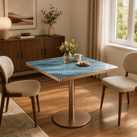 Miniyam 31.5 in Square Dining Table for 2-4, Marble-Look Sintered Stone Top, Stainless Steel Pedestal Base for Small Space, Teal