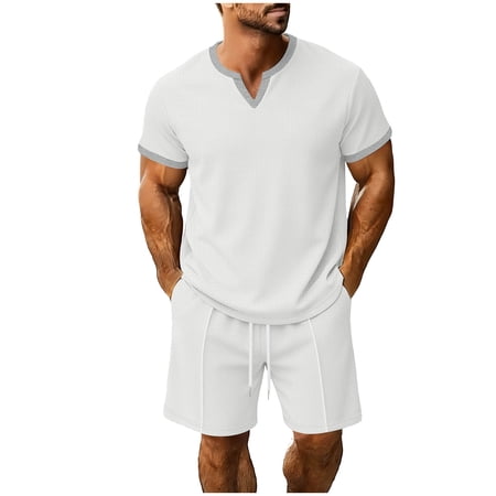 Timoontee Men s Waffle Knit Two Piece Set Short Sleeve Crewneck Shirt with Drawstring Shorts Lightweight Casual Sets for Summer Beach Golf & Daily Wear White M