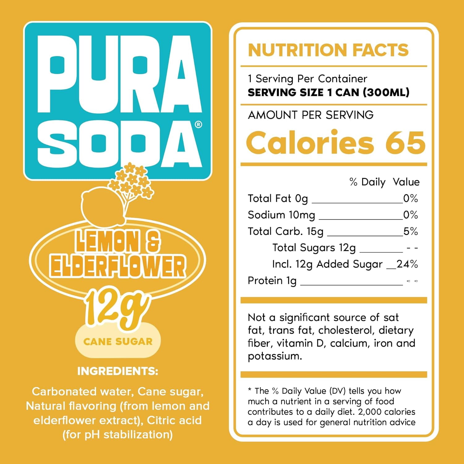 PuraSoda® Lemon & Elderflower | Low-Calorie, Cane Sugar Soda Beverage | Non-GMO, Vegan | Made with Pure Cane Sugar, No Preservatives | 10.1 fl oz (300ml) Cans, 24-Pack