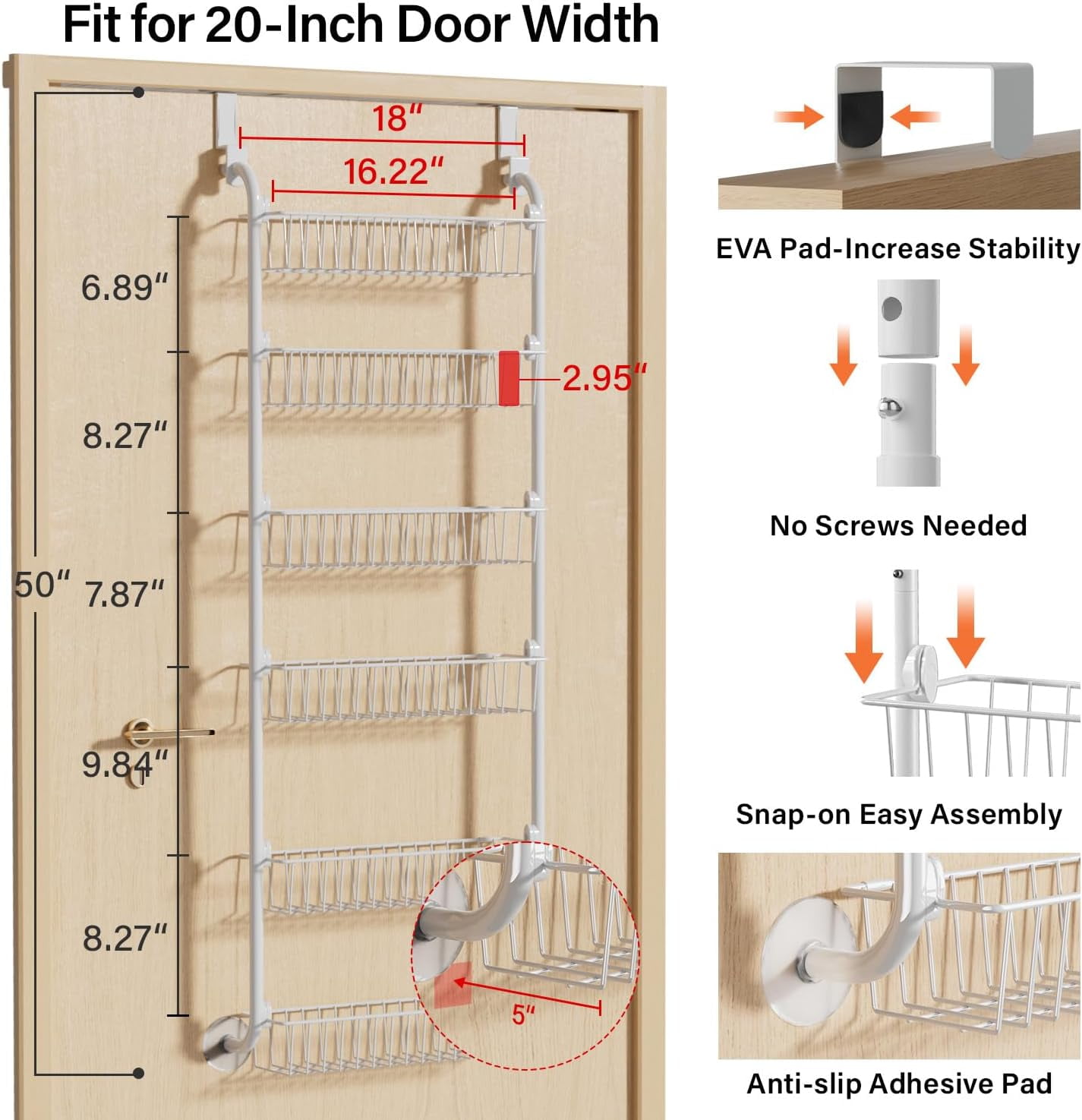 6-Tier Over the Door Pantry Organizer, Heavy-Duty Metal Pantry Door Organizer with 6 Baskets, Hanging Storage Door Organization Kitchen Door Rack, White
