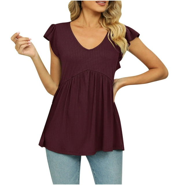 AherBiu Tops for Women Trendy Ribbed Knitted Cap Sleeves V Neck Solid Color Ruched Casual Stretchy Comfy Flowy Tunics