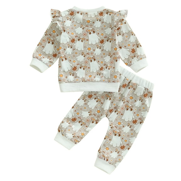 Elippeo Baby Girls Outfit 6 12 18 24 Months 3 Years Ghost Flower Print Long Sleeve Crew Neck Sweatshirt Sweatpants Halloween Clothes