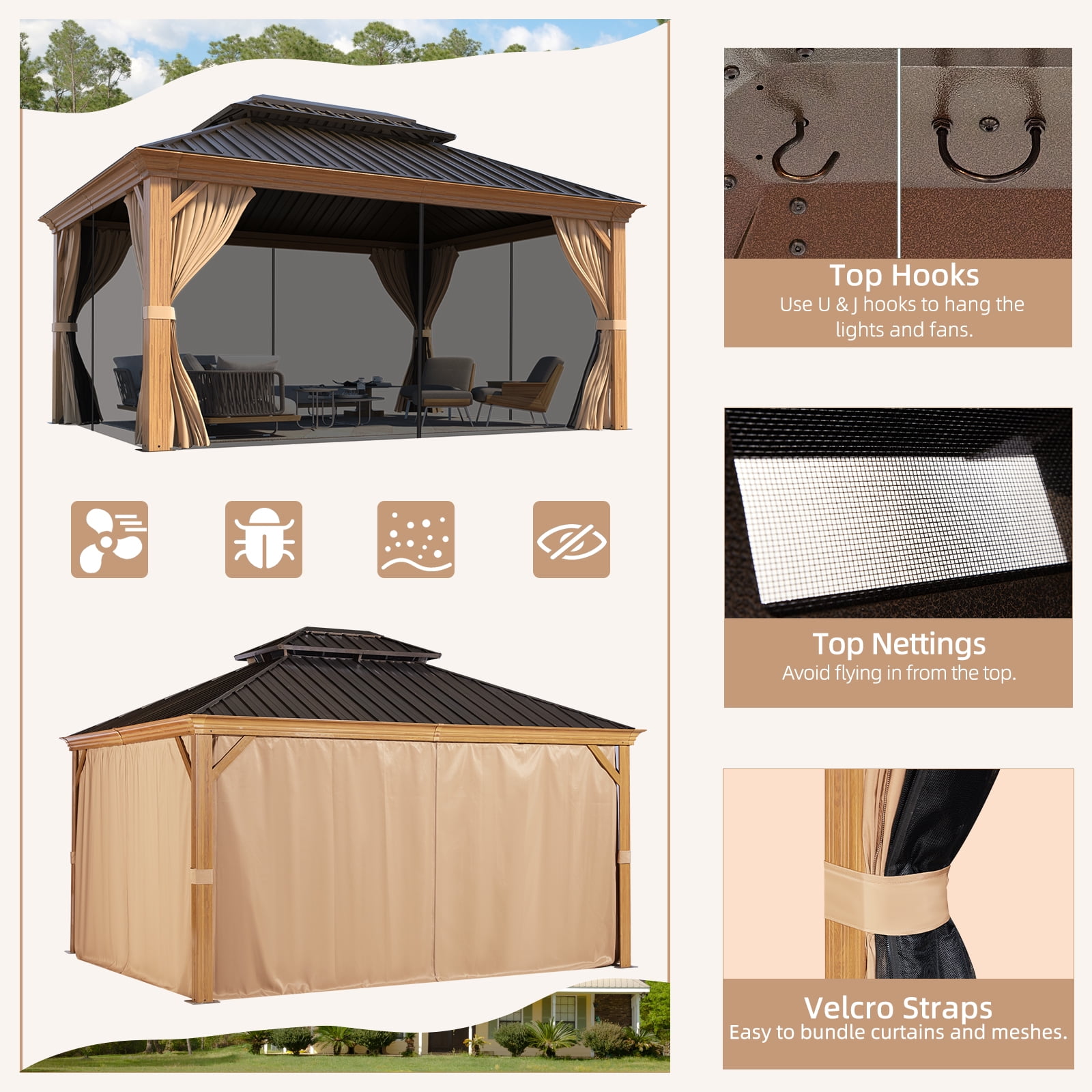 Hommow 10'x12' Hardtop Gazebo,Aluminum Frame Gazebo with Galvanized Steel Double Roof for Patios,Gardens,Lawns