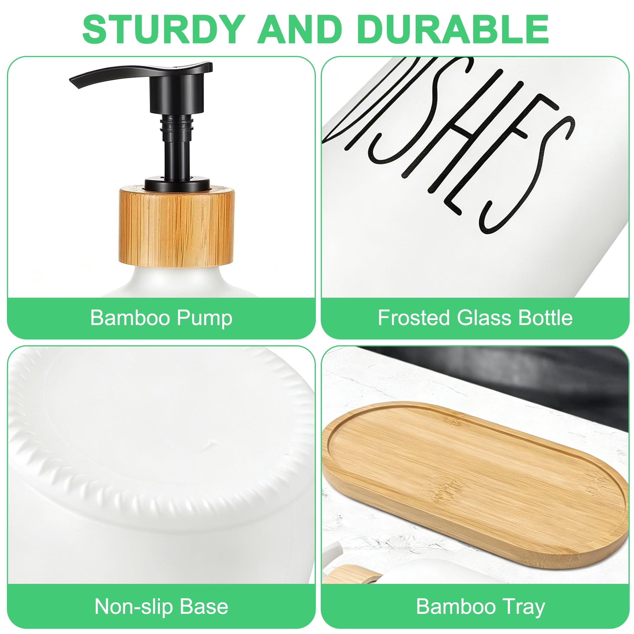 CISILOV Glass Soap Dispenser Set, Hand Soap & Dish Soap Bottles with Tray, Matte Black & White Frosted Glass Soap Bottles for Kitchen Sink Bathroom Countertop