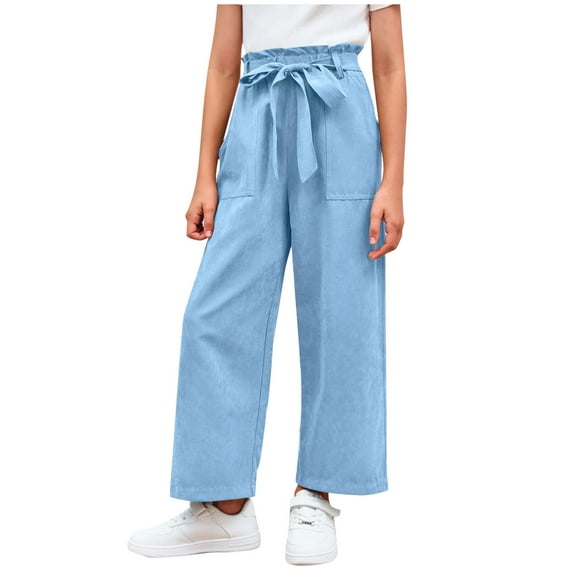 Girls' Active Pants Clearance Teen Girls Plus Size Pants Lightweight Wide Leg High Waist Tie Knot Casual Loose Trousers with Pockets New Blue 140