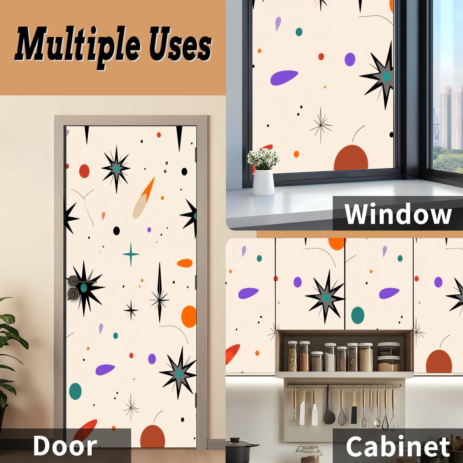 Self Adhesive Vinyl Refrigerator Wrap Set Mid Century Fifties Modern Retro Luxurious Graphic Print Door Mural Removable Fridge Sticker Peel and Stick&nbsp;Full Door Cover Decal Kitchen Bar Decor