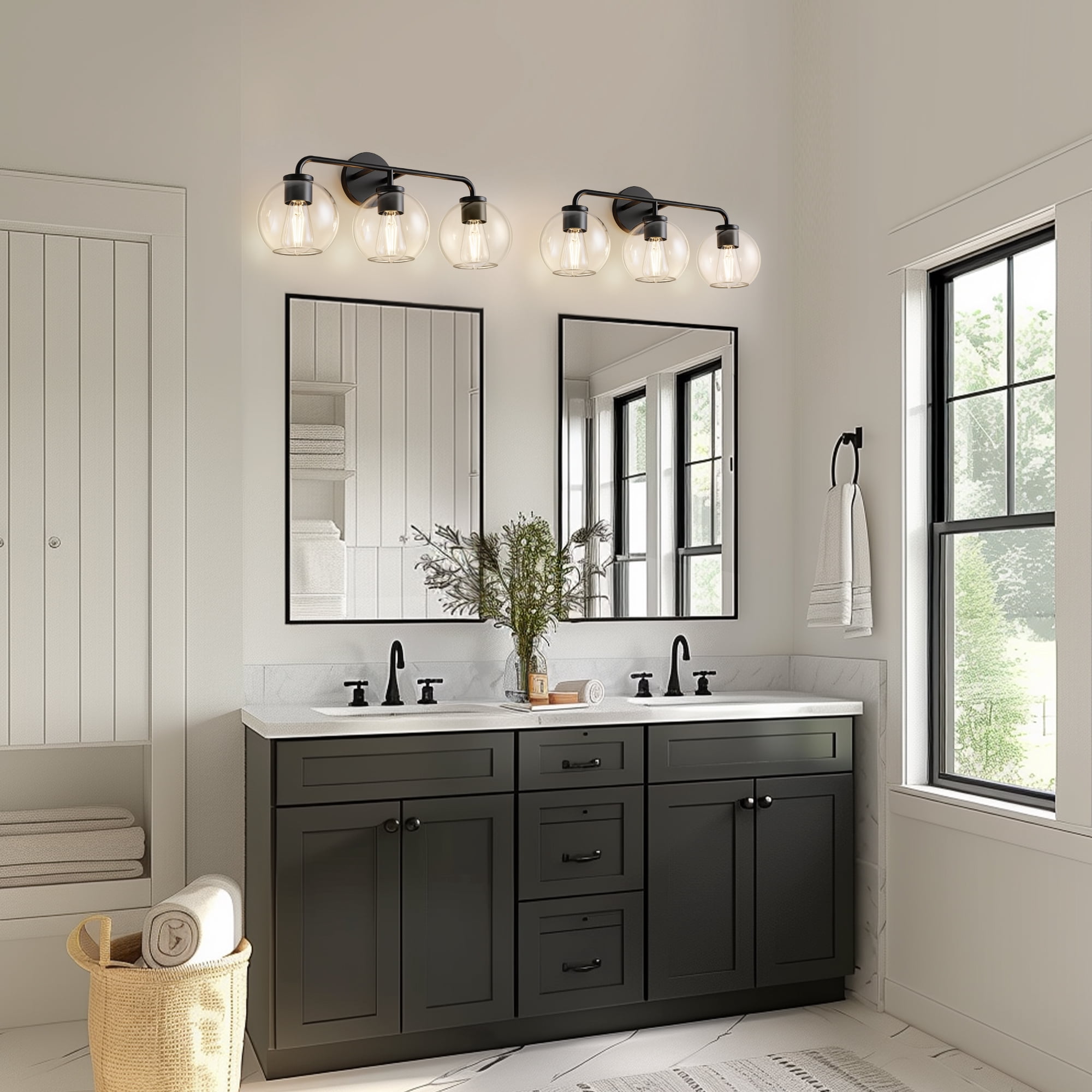 YANSUN 22.7 in 3 Light Vintage Industrial Triple Globe Vanity Light, Matte Black  Wall Sconce with Glass Shades for Bathroom Mirror, Makeup Vanity
