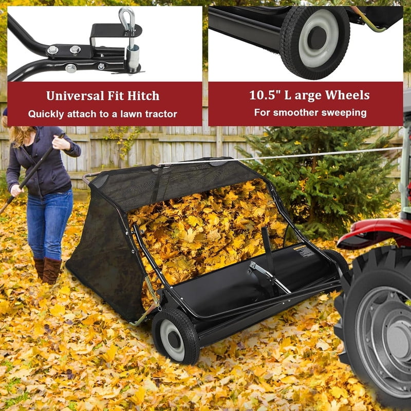 Tow Behind Lawn Sweeper 48 Inch, Large Capacity Heavy Duty Leaf & Grass Collector with Adjustable Sweeping Height, Dumping Rope Design for Picking Up Debris and Grass