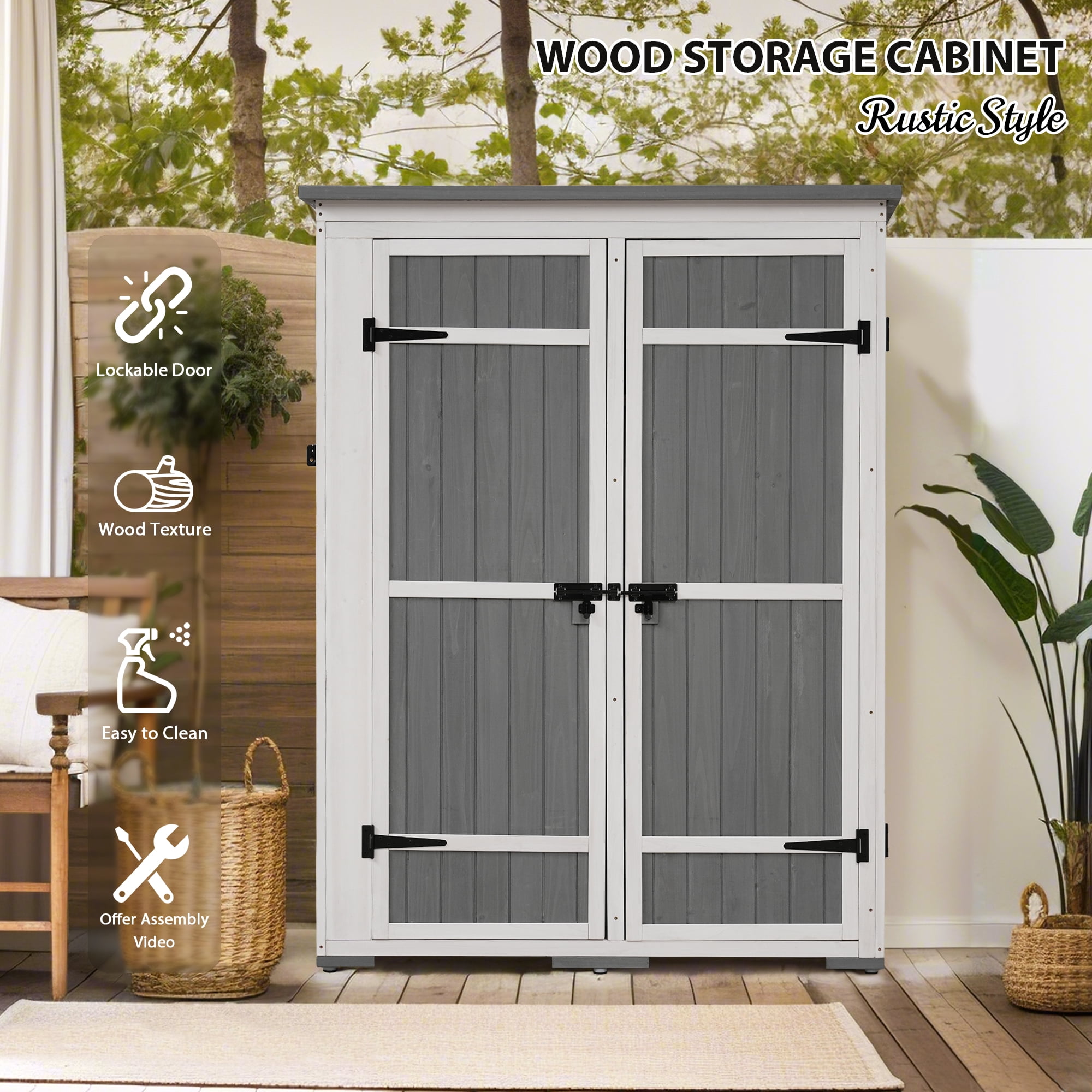 MAYEERTY Outdoor 5.5ft Wood Storage Shed with Lockable Doors, Multi-Shelf Garden Tool Cabinet with Waterproof Roof