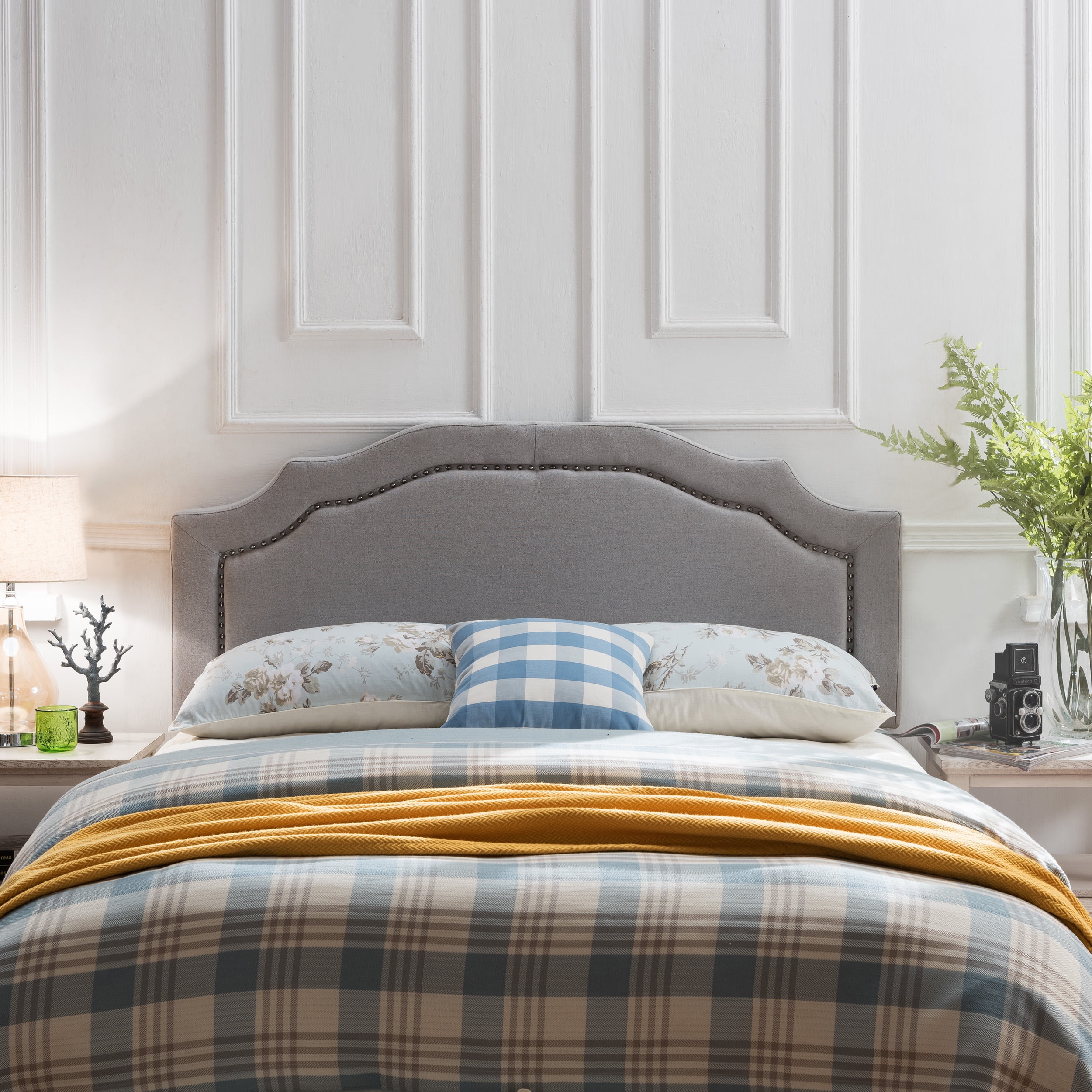 GDF Studio Charell Contemporary Fabric Upholstered Beveled Full/Queen Headboard, Light Gray