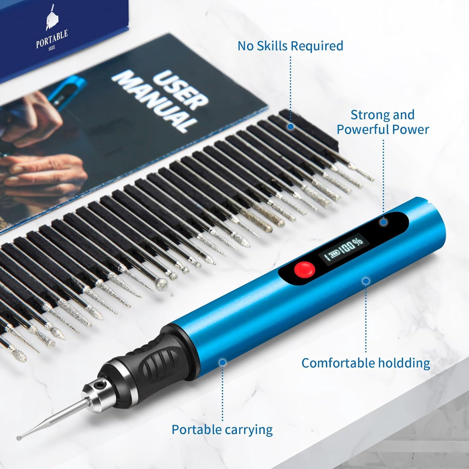 Electric Engraving Pen with 30 Bits, Portable Engraving Pen Tool Kits, DIY Rechargeable Engraving Machine for Jewelry Wood Glass Stone Carving, Blue