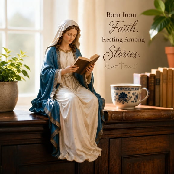 Reading Virgin Mary Statue, Resin Blessed Mother Figurine Religious Catholic Tabletop Decor for Home Prayer Room Shelf Ornament
